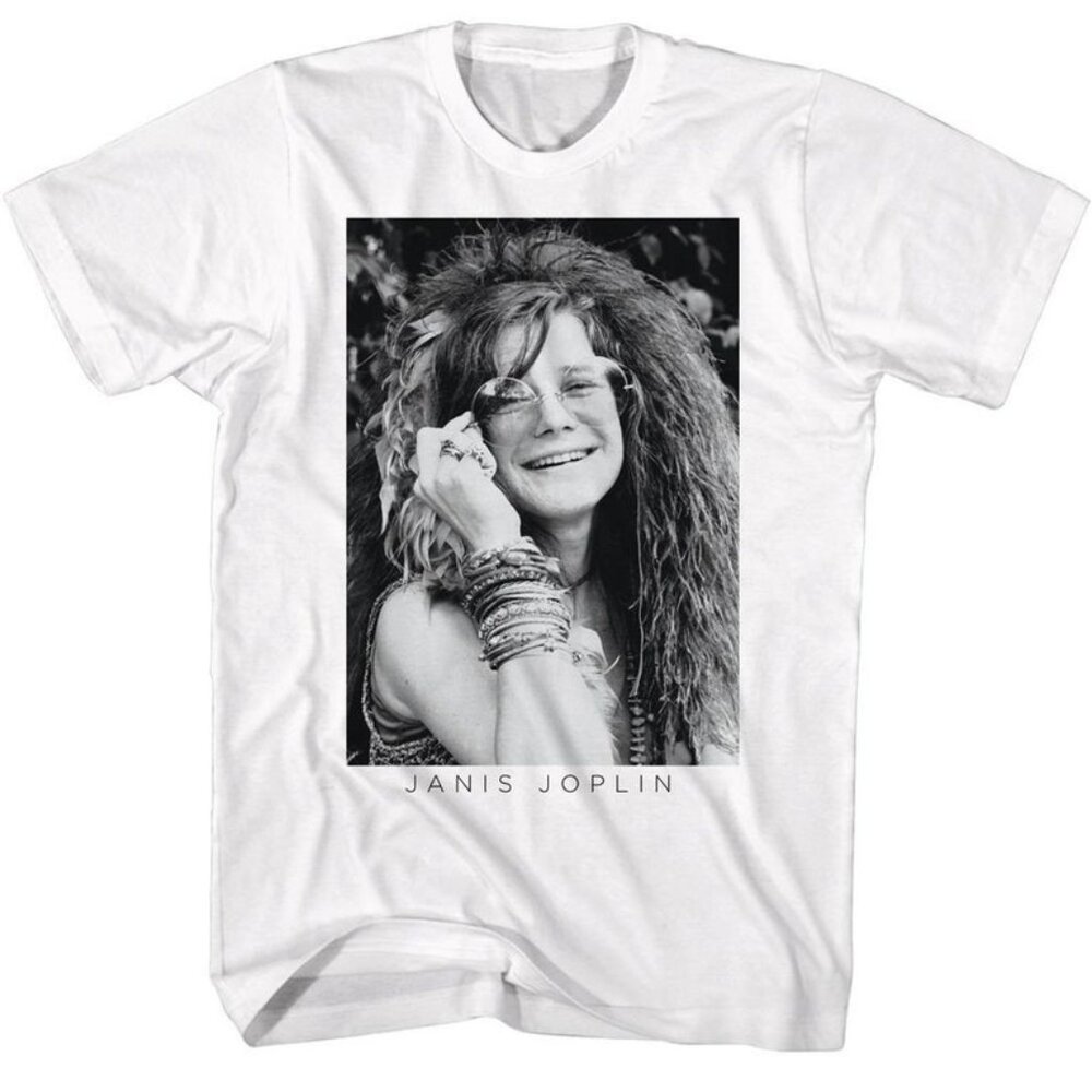 Janis Joplin BW Glasses White T-Shirt